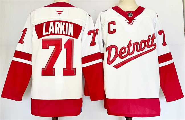 Mens Detroit Red Wings #71 Dylan Larkin White Red 2024-25 With C Patch Stitched Jersey